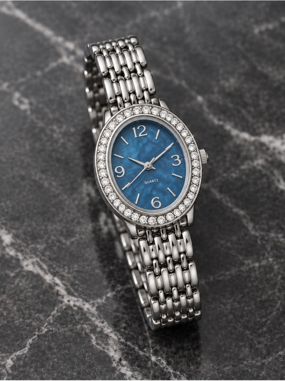 Avon Silver Bracelet Watch with Blue Dial and Crystal Bezel